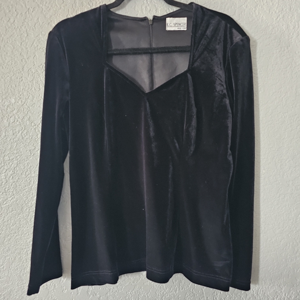 K.C. Spencer New York Black V-neck Velvet Cocktail Top Size 14